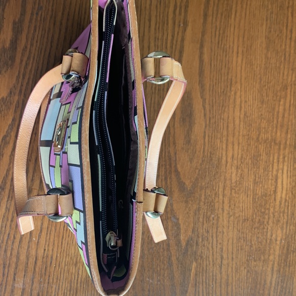 Italian Mondrian style leather yellow/pink/mauve tan straps trim bucket bag EUC - Picture 6 of 9